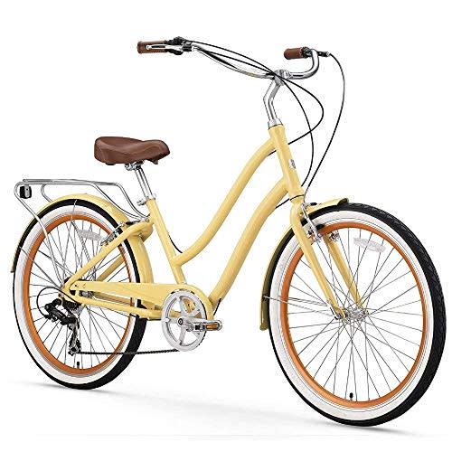 1) EVRYjourney Women's 7-Speed Step-Through Hybrid Cruiser Bicycle, 26" Wheels With 17.5" Frame, Cream With Brown Seat and Grips