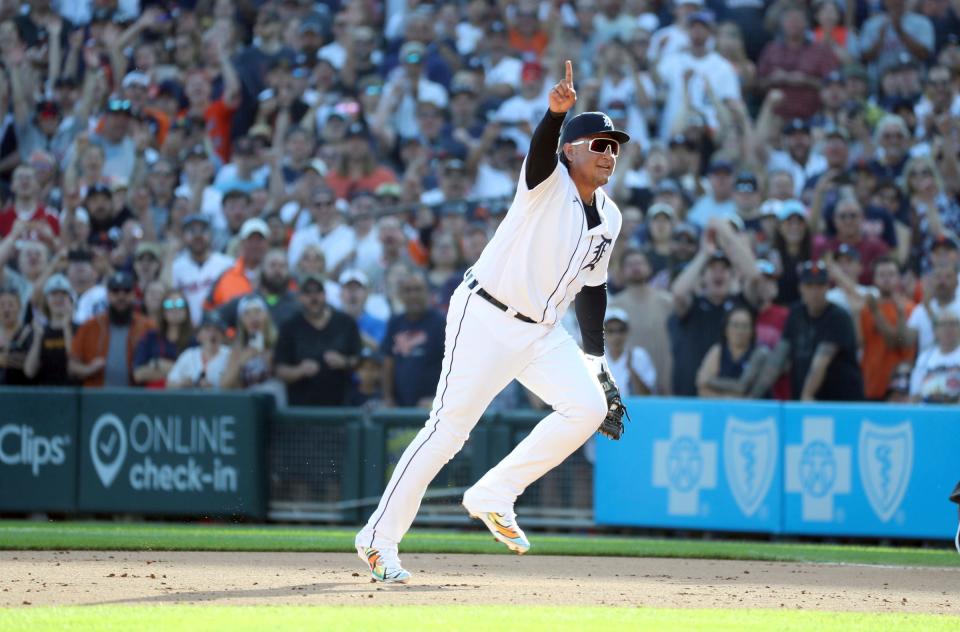 Detroit Tigers designated hitter Miguel Cabrera makes his last play at first base as a Tiger during eighth inning action on Sunday, Oct. 1, 2023.