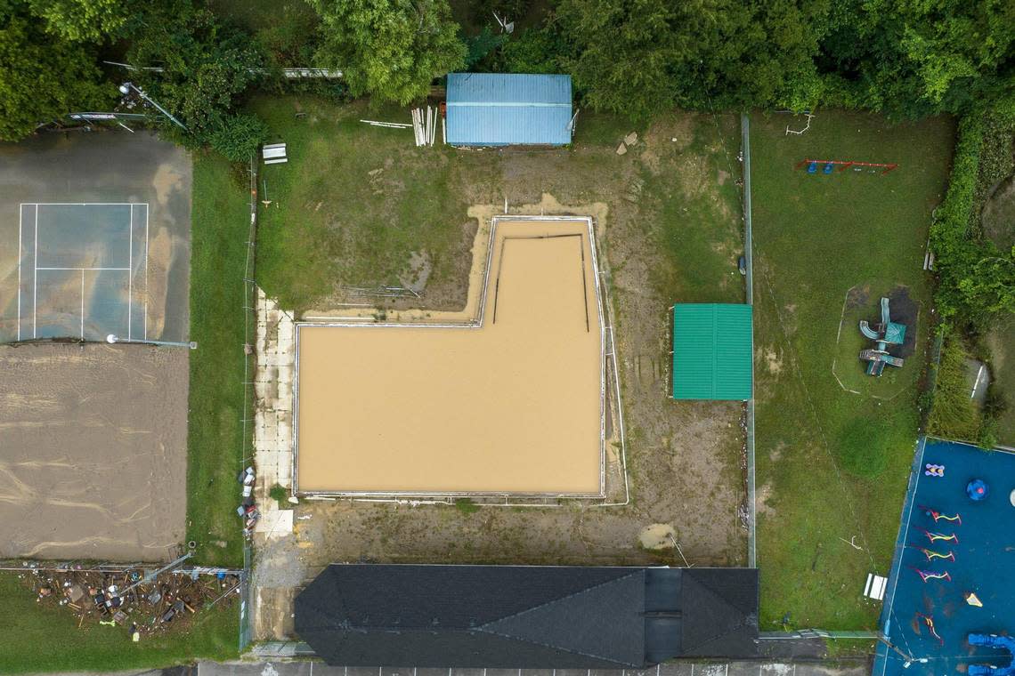 The Whitesburg Community Pool is filled with flood water in Whitesburg, Ky., on Friday, July 29, 2022.