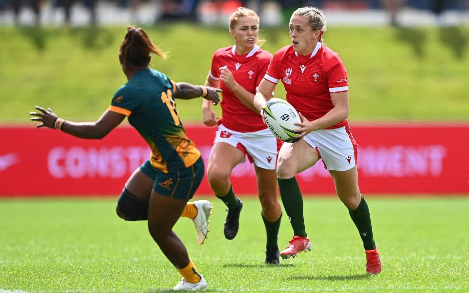 Hannah Jones (c) of Wales runs the ball during the Pool A Rugby World Cup 2021 match between Australia and Wales at Northland Events Centre on October 22, 2022, in Whangarei, New Zealand