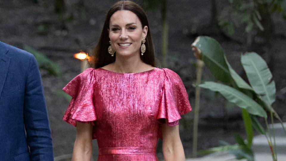 Princess Kate wearing a pink dress for a special reception hosted by the Governor General of Belize in celebration of Her Majesty The Queen wearing Vampire's Wife