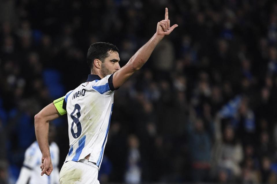 Real Sociedad's Mikel Merino celebrates his goal during the UEFA Champions League last 16 second leg football match between Real Sociedad and Paris Saint-Germain (PSG) at the Anoeta stadium in San Sebastian on March 5, 2024. (Photo by ANDER GILLENEA/AFP via Getty Images)