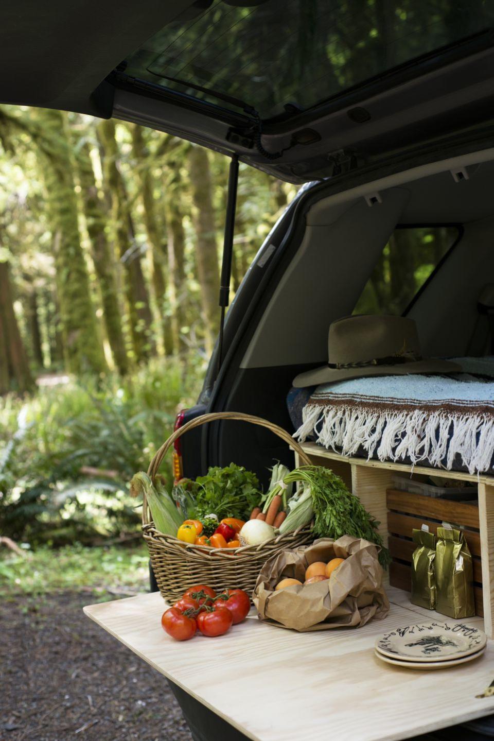 <p>Eating on the go doesn't necessarily have to equate to fast food from the car and/or rest stops. Make the most of your car-to-table dining experience by elongating your trunk with a slab of wood (which you can store beneath your luggage and supplies), then tuck into some fresh produce. You can even DIY an enclosed wood storage unit to fit the width of your trunk, then convert the lid into a sturdy table. </p>