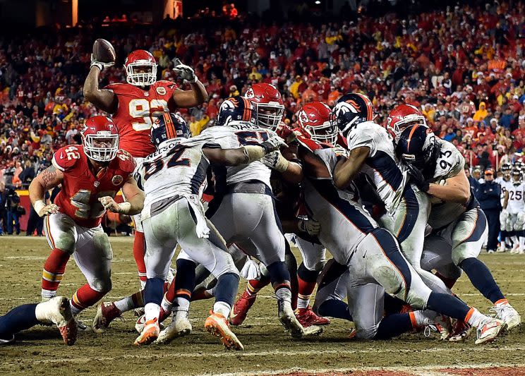 The Chiefs' Dontari Poe did a spot-on impression of Tim Tebow in Sunday's victory against the Broncos. (Getty Images) 