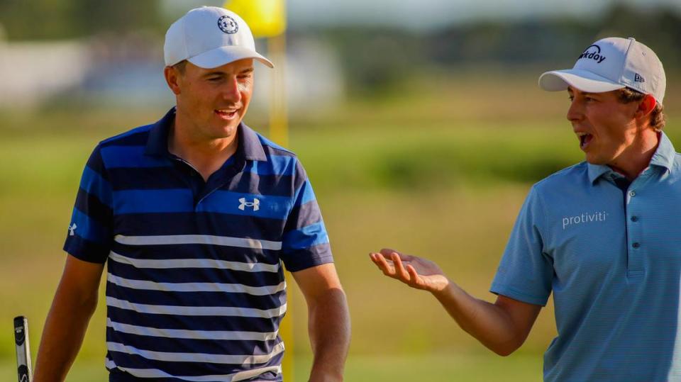 Jordan Spieth, left and Matt Fitzpatrick on the 18th fairway of before the playoffs during the final round of the RBC Heritage Presented by Boeing at Harbour Town Golf Links on Sunday, April 16, 2023 in Sea Pines on Hilton Head Island.