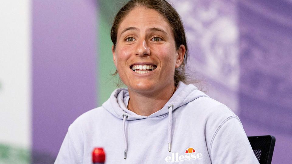 Johanna Konta, pictured here at a pre-tournament press conference at Wimbledon.