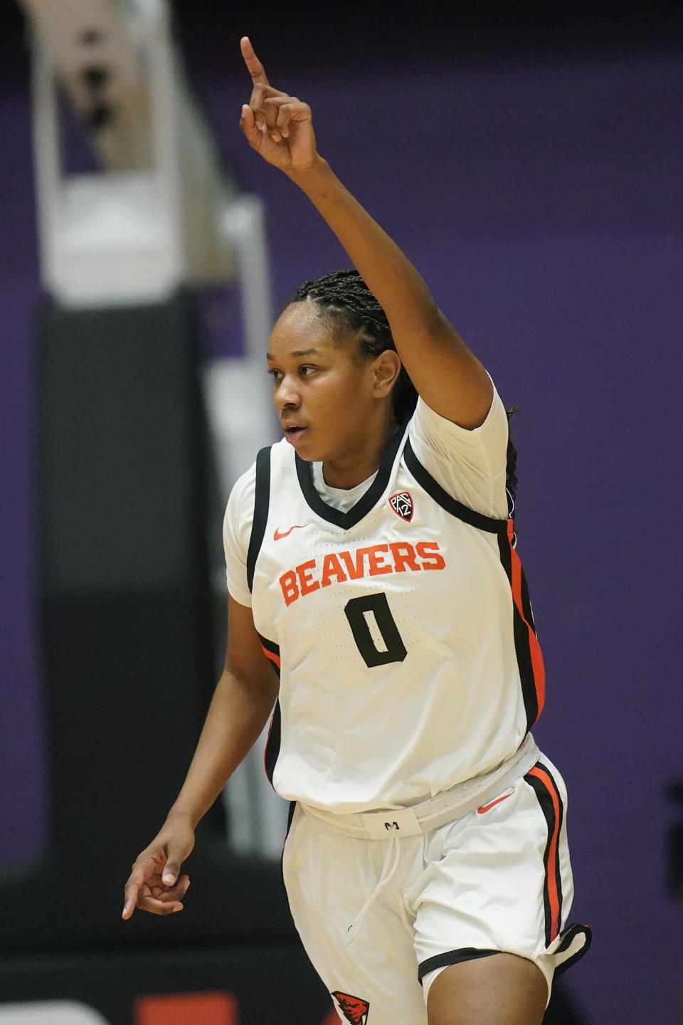 Oregon State guard Shalexxus Aaron (0) celebrates after scoring against Iowa during the first half of an NCAA college basketball game in the Phil Knight Legacy tournament Friday, Nov. 25, 2022, in Portland, Ore. (AP Photo/Rick Bowmer)