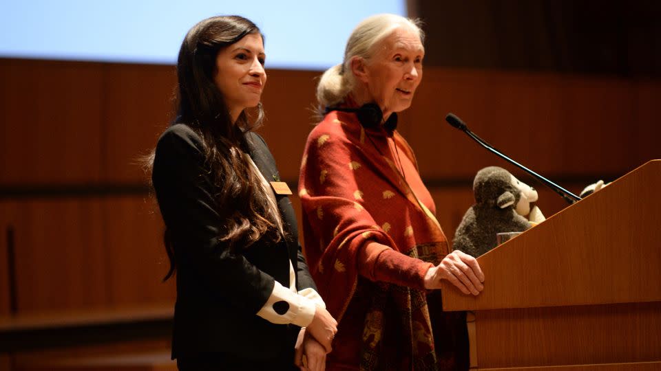 Katogiritis (left), with Dr. Jane Goodall, who she describes as a "friend and mentor," during a talk at a school in Athens in 2016. - Fragitsa Katogiritis