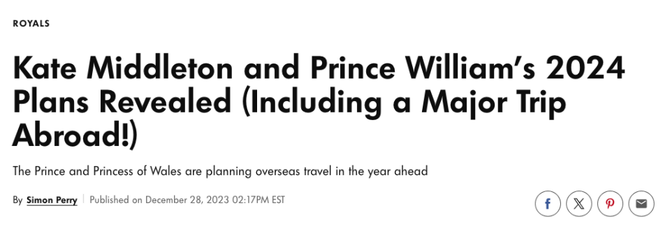 Article headline about Kate Middleton and Prince William's 2024 plans including a major trip abroad