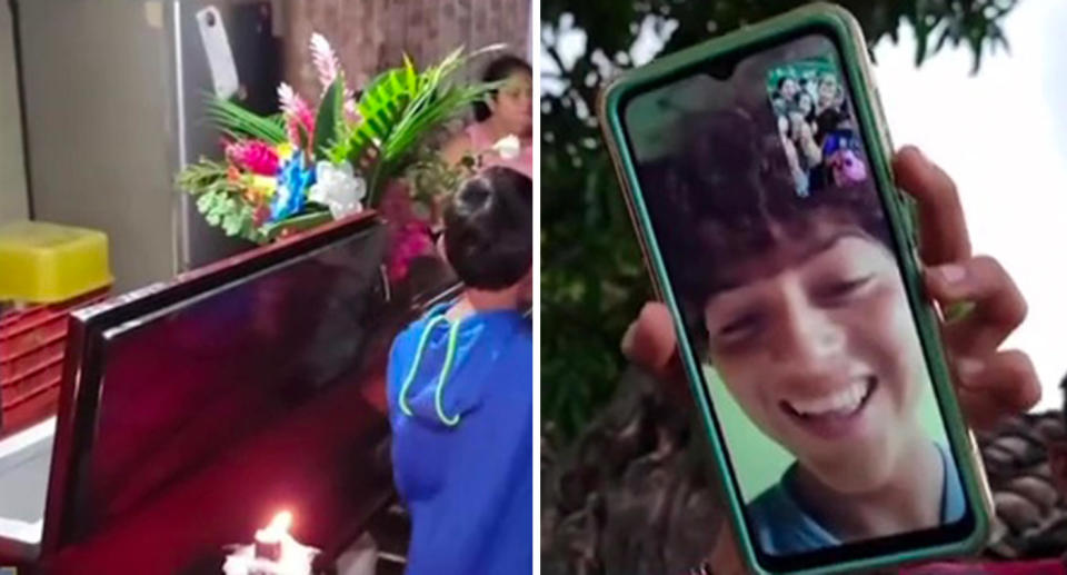 Coffin at teen's funeral; Teenage boy smiling on phone screen during video call