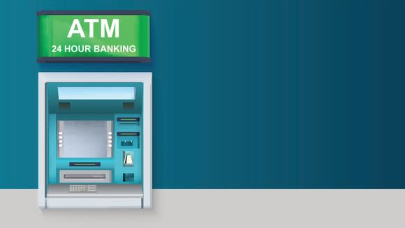 ATM on blue background, with green sign on top which reads "ATM / 24 Hour Banking." 