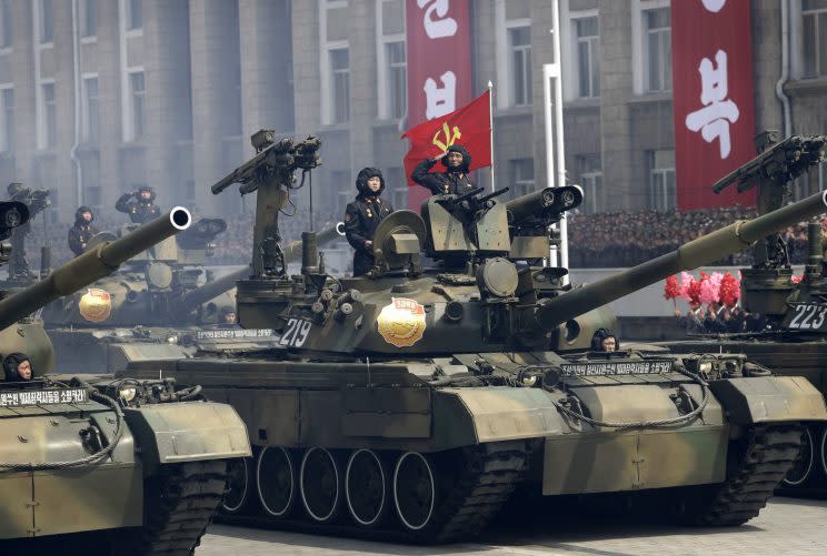 North Korean troops take part in a military parade earlier this month (Rex)