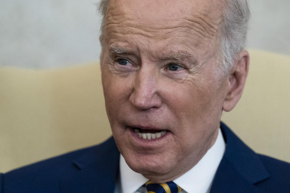 President Joe Biden speaks during a meeting with the Qatar's Emir Sheikh Tamim bin Hamad Al Thani in the Oval Office of the White House, Monday, Jan. 31, 2022, in Washington. (AP Photo/Alex Brandon)