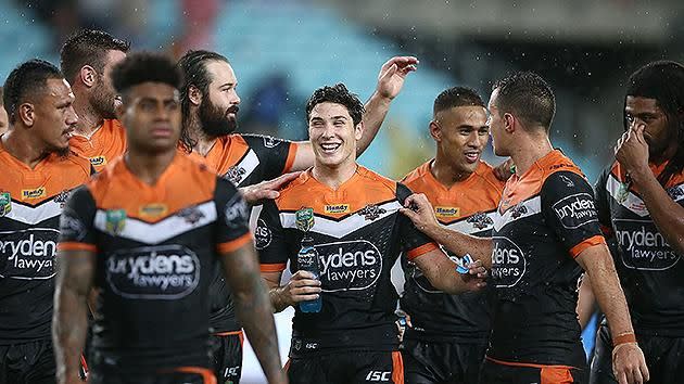 The Tigers after their Round One victory against the Rabbitohs. Pic: Getty