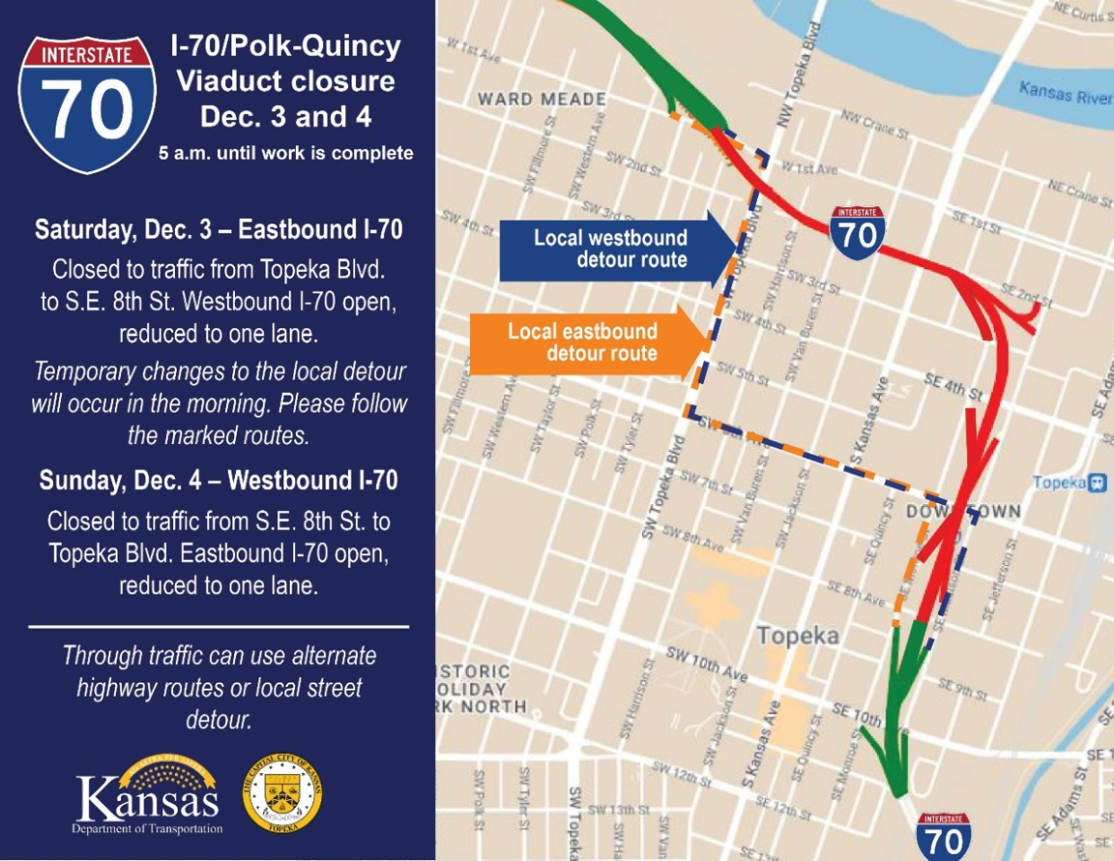 The Kansas Department of Transportation created this graphic showing where detours will be offered as Interstate 70's eastbound and westbound lanes are closed this coming weekend in the area of downtown Topeka.