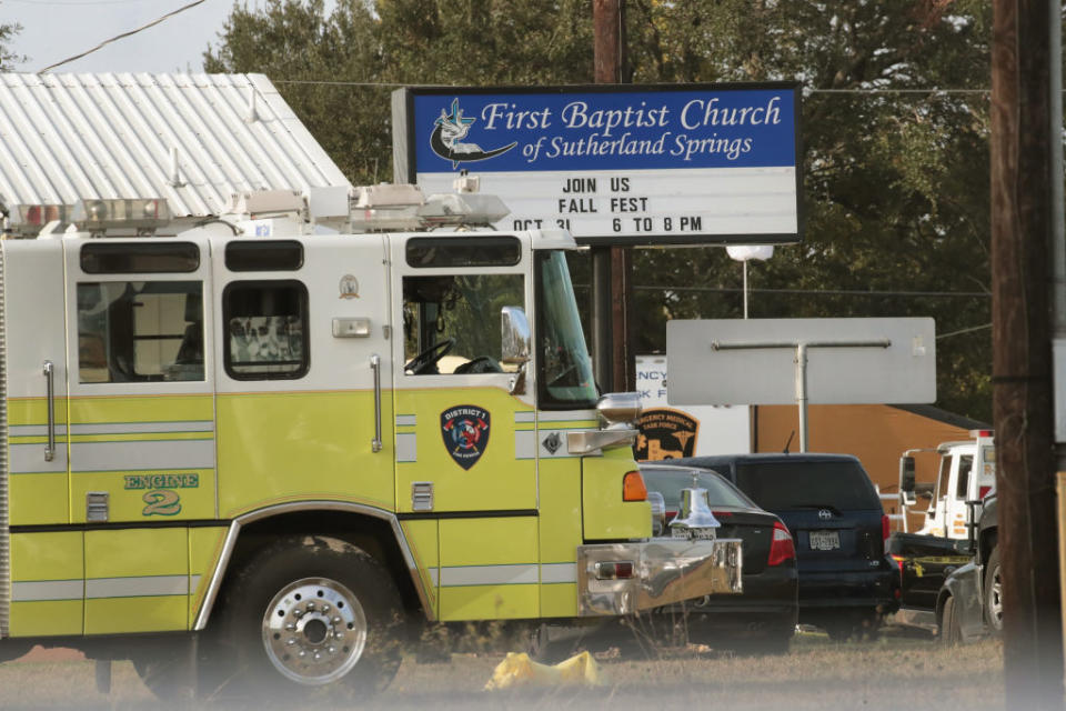 An emergency vehicle is parked outside the First Baptist Church of Sutherland Springs. (Photo: Scott Olson/Getty Images)