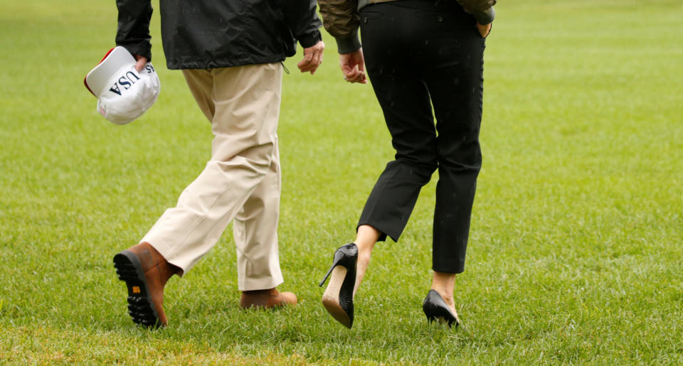 <p>President Donald Trump and first lady Melania Trump depart the White House in Washington on their way to view storm damage in Texas, Aug. 29, 2017. (Photo: Kevin Lamarque/Reuters) </p>