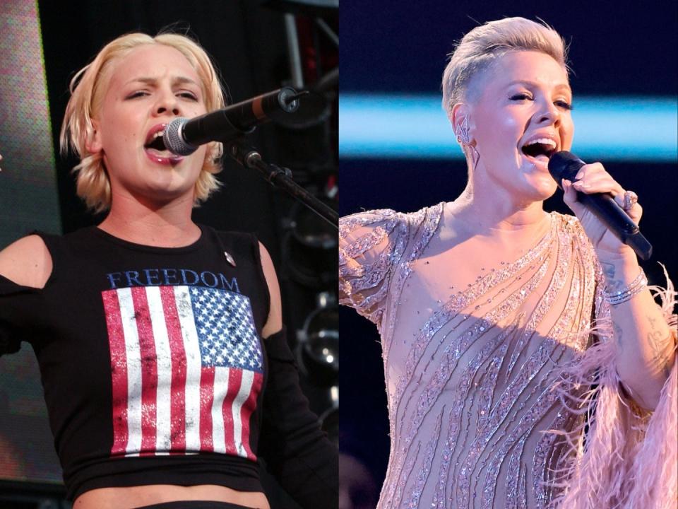 On the left, Pink performing in 2001. On the right, Pink performing in 2022.