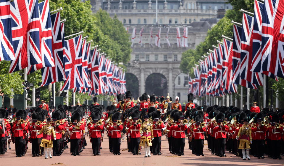 Members of the Household Division Foot Guards' bands march back along The Mall during the Trooping the Colour parade as a part of the Queen's Platinum Jubilee celebrations in London, Britain June 2, 2022. Richard Pohle/Pool via REUTERS