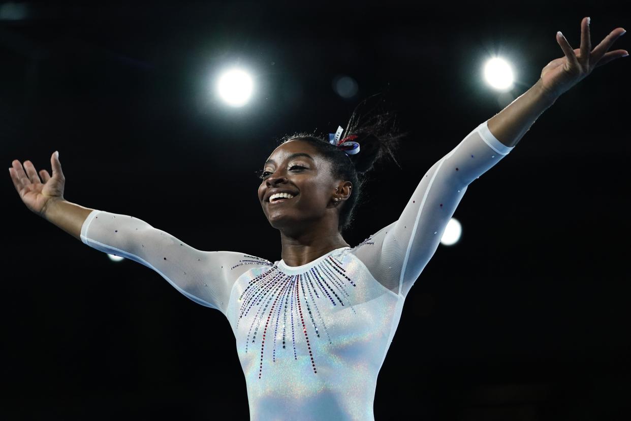 USA's Simone Biles reacts after performing on the floor in the womens all-around final at the FIG Artistic Gymnastics World Championships at the Hanns-Martin-Schleyer-Halle in Stuttgart, southern Germany, on October 10, 2019. (Photo by Lionel BONAVENTURE / AFP) (Photo by LIONEL BONAVENTURE/AFP via Getty Images)