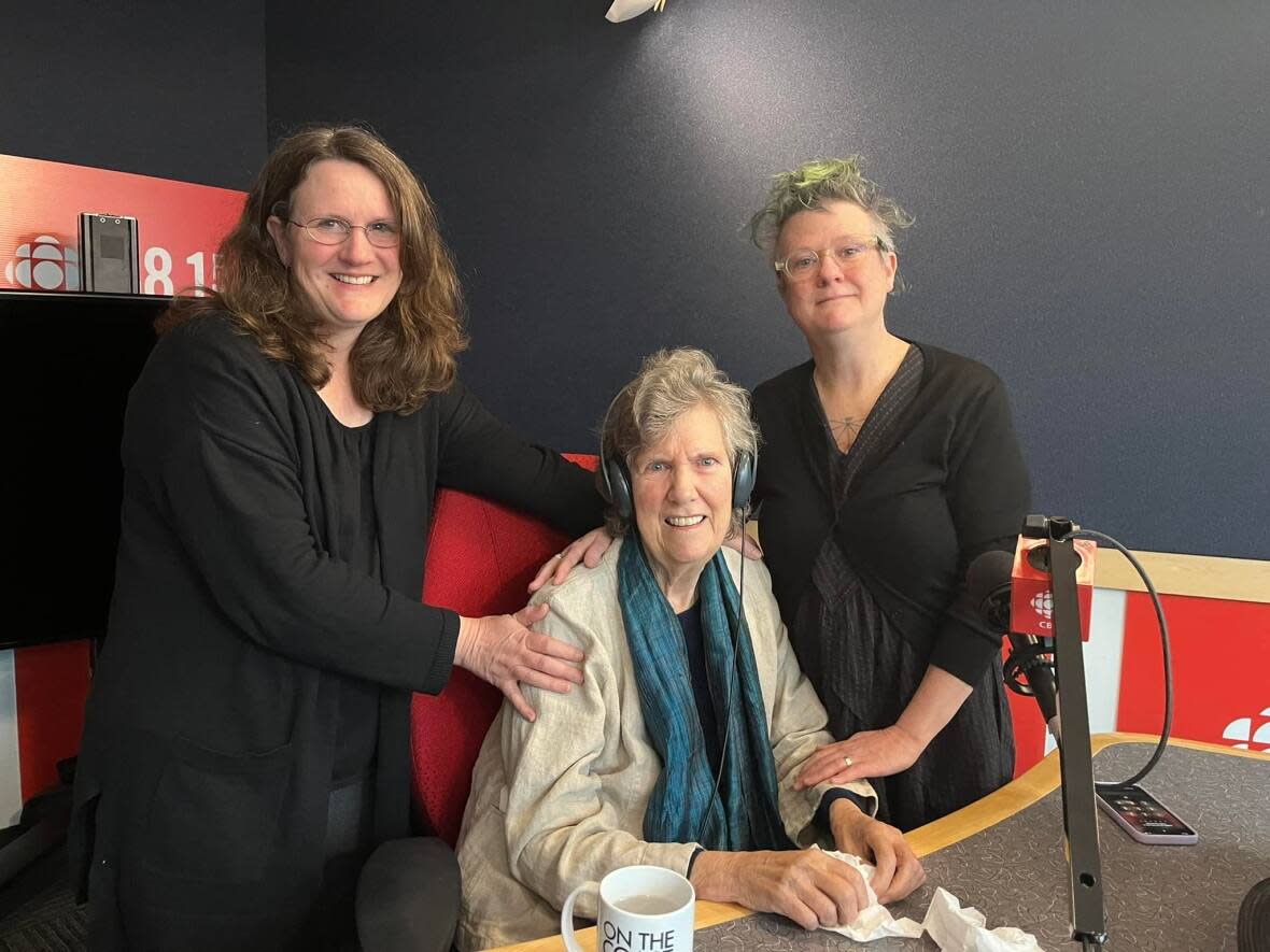 A photo of Rosanna Hill with her daughters Veda (right) and Helene (left) at the CBC studio for her interview with North by Northwest host Margaret Gallagher. (Margaret Gallagher/CBC - image credit)