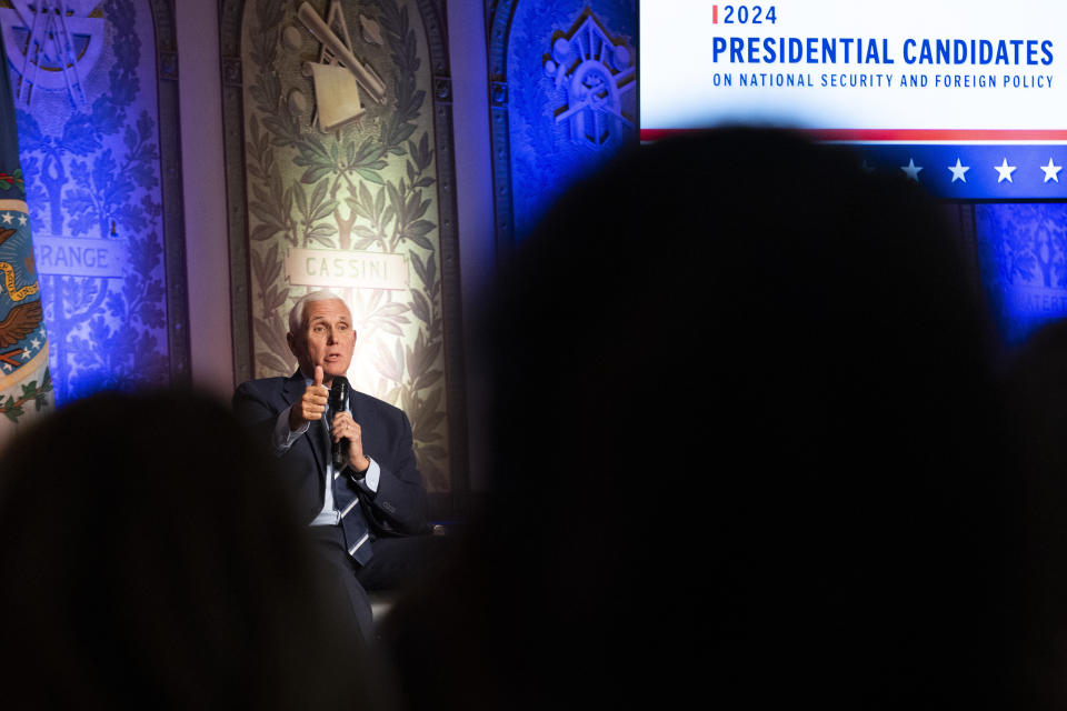 Republican presidential candidate and former Vice President Mike Pence speaks, Tuesday, Oct. 3, 2023, during an Associated Press 2024 GOP Presidential Candidates Conversations on National Security and Foreign Policy event, held in partnership with Georgetown University's Institute of Politics and Public Service, at Georgetown University in Washington. (AP Photo/Jacquelyn Martin)