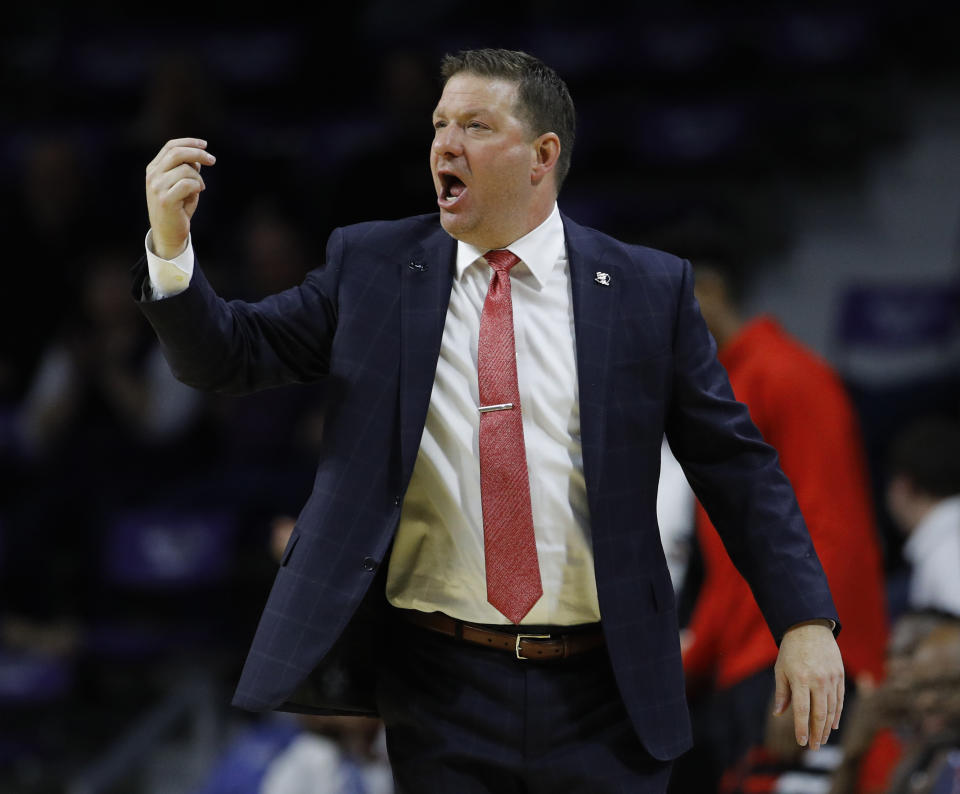 Texas Tech head coach Chris Beard talks to his players during the second half of an NCAA college basketball game against Kansas State Tuesday, Jan. 22, 2019, in Manhattan, Kan. Kansas State won 58-45. (AP Photo/Charlie Riedel)