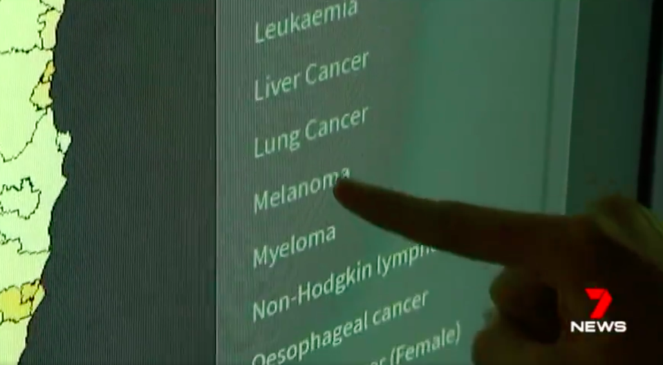 The map compiles every diagnosis and death in the past five years for the 20 most common forms of cancer. Source: 7 News