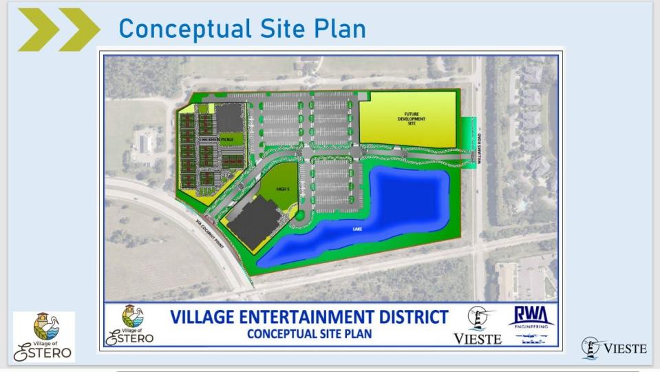 A new entertainment center being developed by the Village of Estero is expected to open in October 2025, almost a year later than originally planned because of negotiations with private partners.