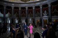 House Speaker Nancy Pelosi of Calif., center, accompanied by Senate Minority Leader Sen. Chuck Schumer of N.Y., left, speaks to members of the media after meeting with Treasury Secretary Steven Mnuchin and White House Chief of Staff Mark Meadows as they continue to negotiate a coronavirus relief package on Capitol Hill in Washington, Friday, Aug. 7, 2020. (AP Photo/Andrew Harnik)