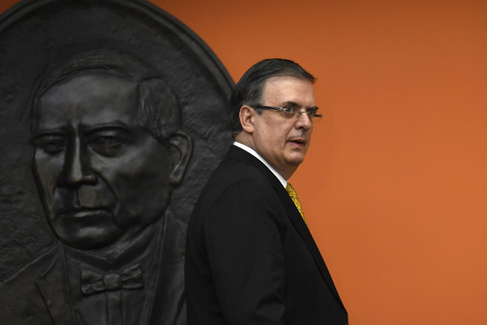 Mexican ​Foreign Minister Marcelo Ebrard arrives for a news conference at the Embassy of Mexico in Washington, Tuesday, Sept. 10, 2019. (AP Photo/Susan Walsh)