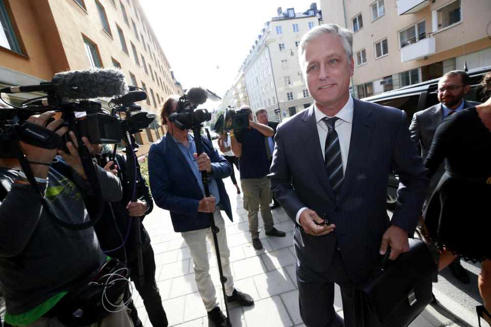 Robert C. O'Brien, Special Envoy Ambassador, arrives at the district court in Stockholm, Thursday Aug. 1, 2019. American rapper A$AP Rocky pleaded not guilty to assault as his trial in Sweden opened Tuesday, a month after a street fight that landed him in jail and became a topic of U.S.-Swedish diplomacy. (Fredrik Persson/TT News Agency via AP)