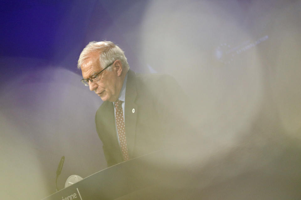 European Union foreign policy chief Josep Borrell speaks during a news conference at the European Commission headquarters in Brussels, Wednesday, June 16, 2021. Borrell unveiled a new set of proposals for the EU to deal with an increasingly authoritarian Russia, and his report will be discussed by the bloc's leaders at a summit next week. (Johanna Geron/Pool Photo via AP)