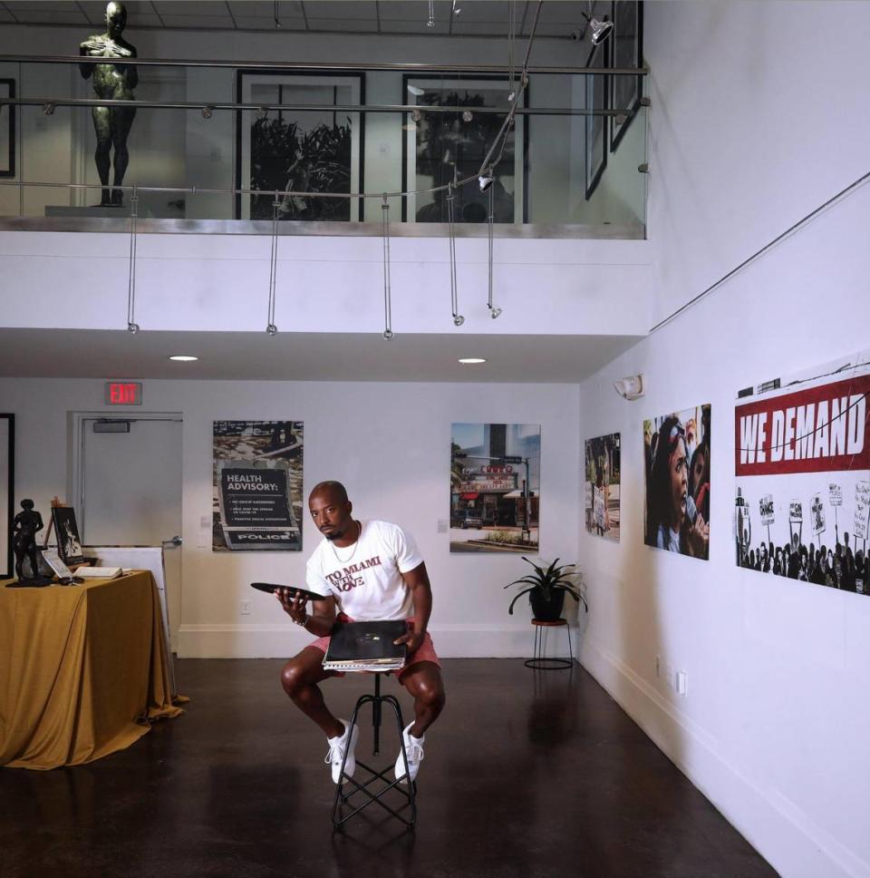 On Tuesday, April 14, 2021, artist and Dj Rahsaan “DJ Fly Guy” Alexander is photographed at Overtown’s Ward Rooming House where his photography exhibition “To Miami, with Love”: Pandemic Life and Protest by Rahsaan Alexander” is currently exhibited. Hampton Art Lovers curated the show and runs through May 8, 2021.