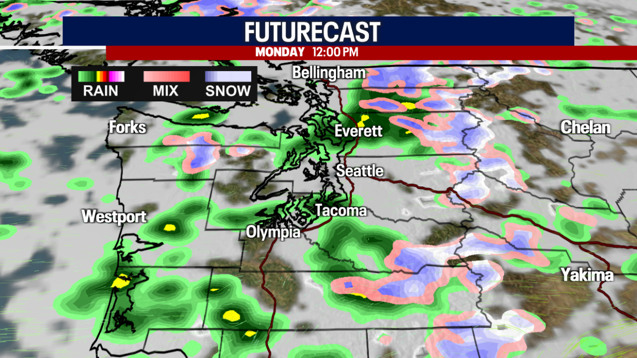 <div>On-and-off showers are in the forecast for Monday around Western Washington. Some patchy mountain snow is a possibility as well.</div>