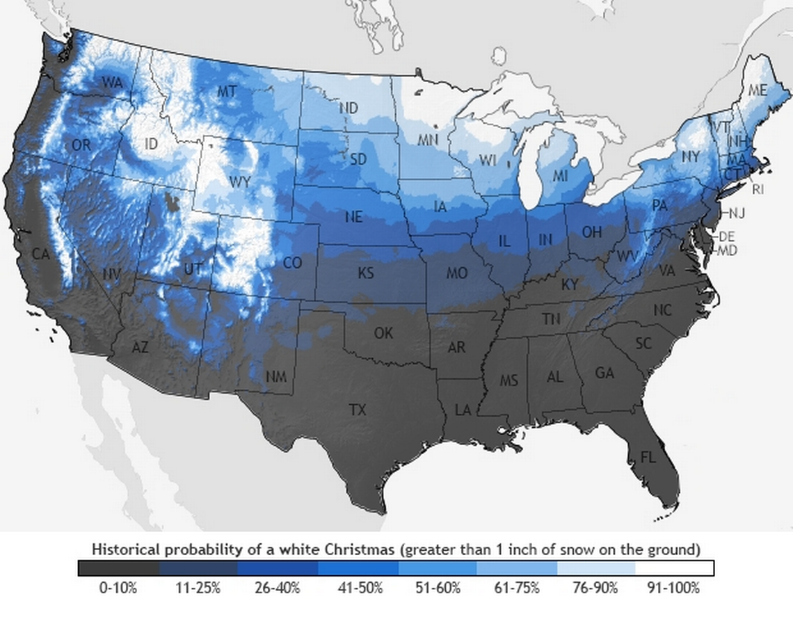 A map showing the chances of a white Christmas — defined as one inch of snow on the ground — for the United States.