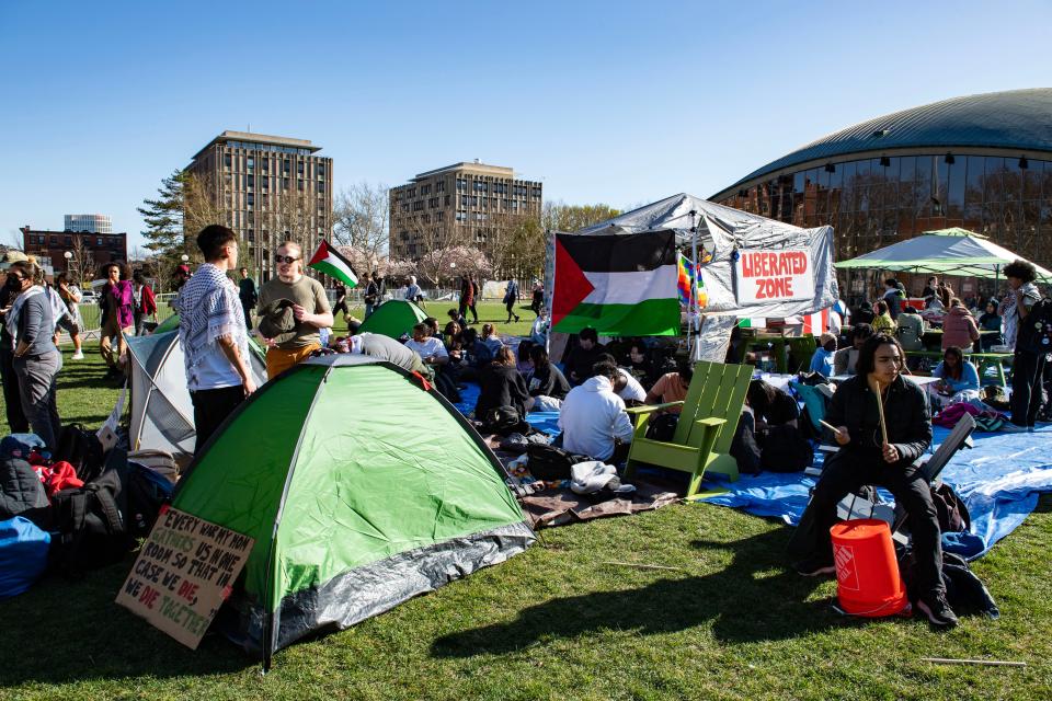 Pro-Palestinian supporters from Harvard University and the Massachusetts Institute of Technology (MIT) rally at MIT at an encampment for Palestine at MIT in Cambridge, Mass., on April 22, 2024.