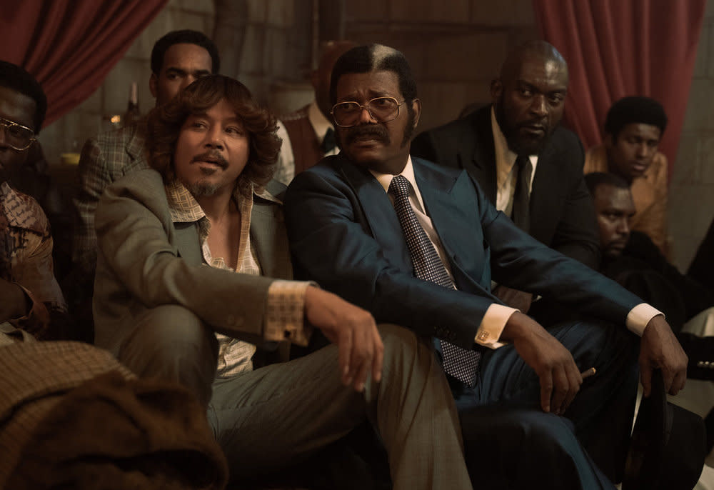 (L-R): Terrence Howard as Cadillac Richie, Samuel L. Jackson as Frank Moten, and Michael James Shaw as Lamar in <i>Fight Night: The Million Dollar Heist.</i><span class="copyright">Parrish Lewis—Peacock</span>