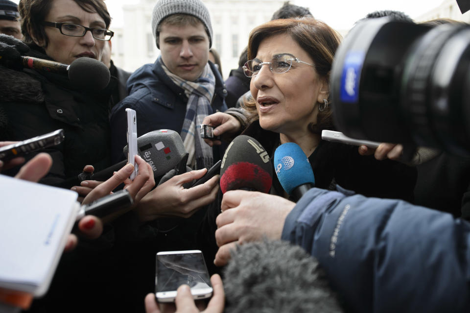 Bouthaina Shaaban, advisor to Syrian President Bashar Assad, briefs the media at the European headquarters of the United Nations, in Geneva, Switzerland, Wednesday, Jan. 29, 2014. Shaaban spoke after a meeting between government and opposition delegates with the U.N.-Arab League mediator Lakhdar Brahimi. (AP Photo/Keystone, Martial Trezzini)