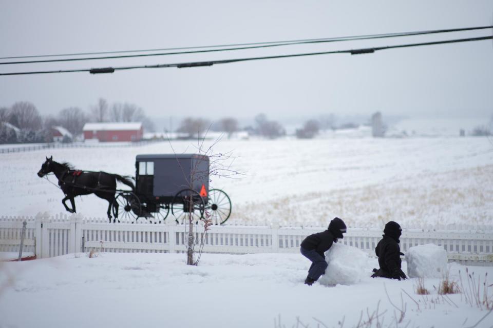 In this image released by PBS, two children play in the snow in a scene from "The Amish: American Experience," a film that offers a revealing look at the Amish community of about 250,000 centered primarily in rural Pennsylvania, Ohio and Indiana. The film premieres on PBS stations on Feb. 28 at 8 p.m. (AP Photo/PBS)