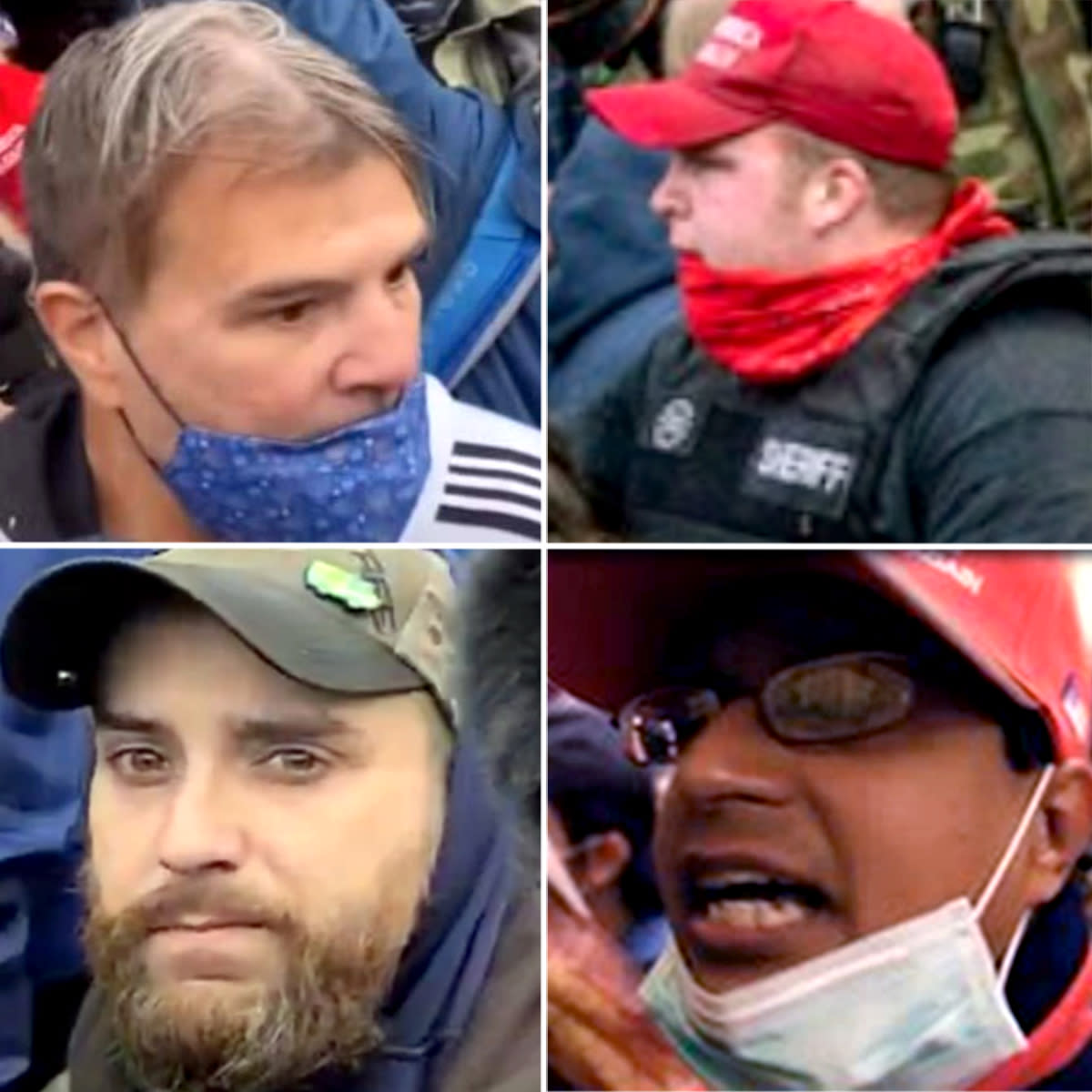 Individuals, clockwise from upper left, #123, #134, #300A, and #106 the FBI is seeking in relation to the riots at the U.S. Capitol on Jan. 6, 2021. (FBI)