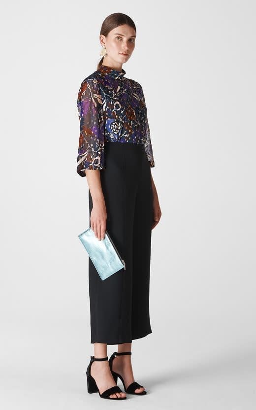 Silk top, £139; Trousers, £109; Bag, £69 and shoes, £169, all Whistles 