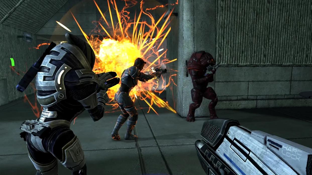  A first-person shot from Mass Effect 1 using a first-person view mod. 