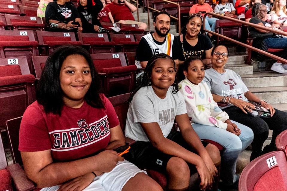 Teya Brown, 11, Makayla Cargill, 11, Trinity Brown, 11, Lisa Boyd and Destiny and Thomas Brown of Elgin bought their tickets on the first day they were for sale so they could see A’ja Wilson and the Las Vegas Aces play in the Colonial Life Arena. Tracy Glantz/tglantz@thestate.com