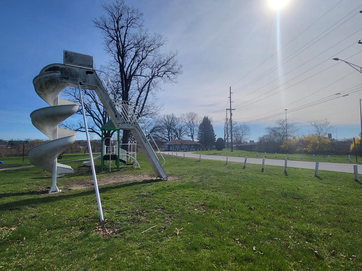 The sun shines over an aging playground at a Port Huron Township park off of Water Street on Tuesday, April 16, 2024.