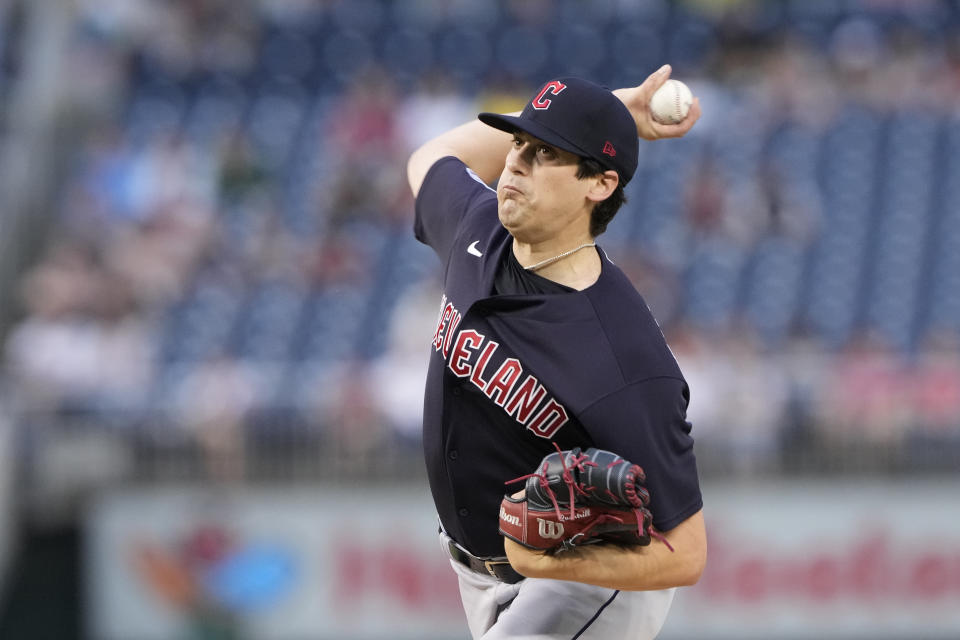 Cleveland Guardians starting pitcher Cal Quantrill throws during the first inning of a baseball game against the Washington Nationals in Washington, Friday, April 14, 2023. (AP Photo/Manuel Balce Ceneta)