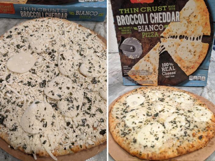side by side photos of uncooked and cooked aldi white pizza