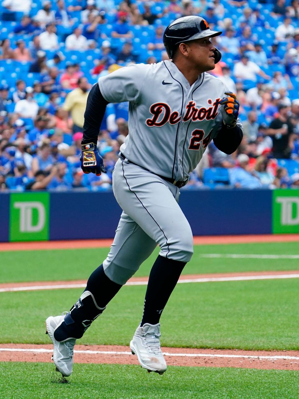 Detroit Tigers designated hitter Miguel Cabrera hits a solo home run, the 500th of his career, against the Toronto Blue Jays in the sixth inning at Rogers Centre, Sunday, Aug. 22, 2021.