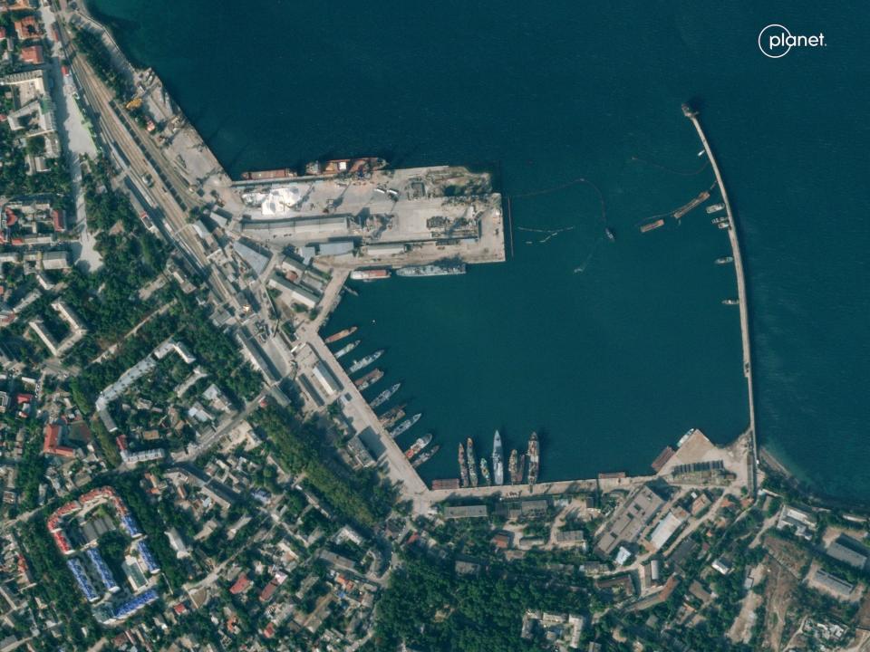 A Project 22160 patrol ship stationed in the Ukrainian port of Feodosia in eastern Crimea, seen in satellite imagery shared by Planet Labs PBC on October 4, 2023.