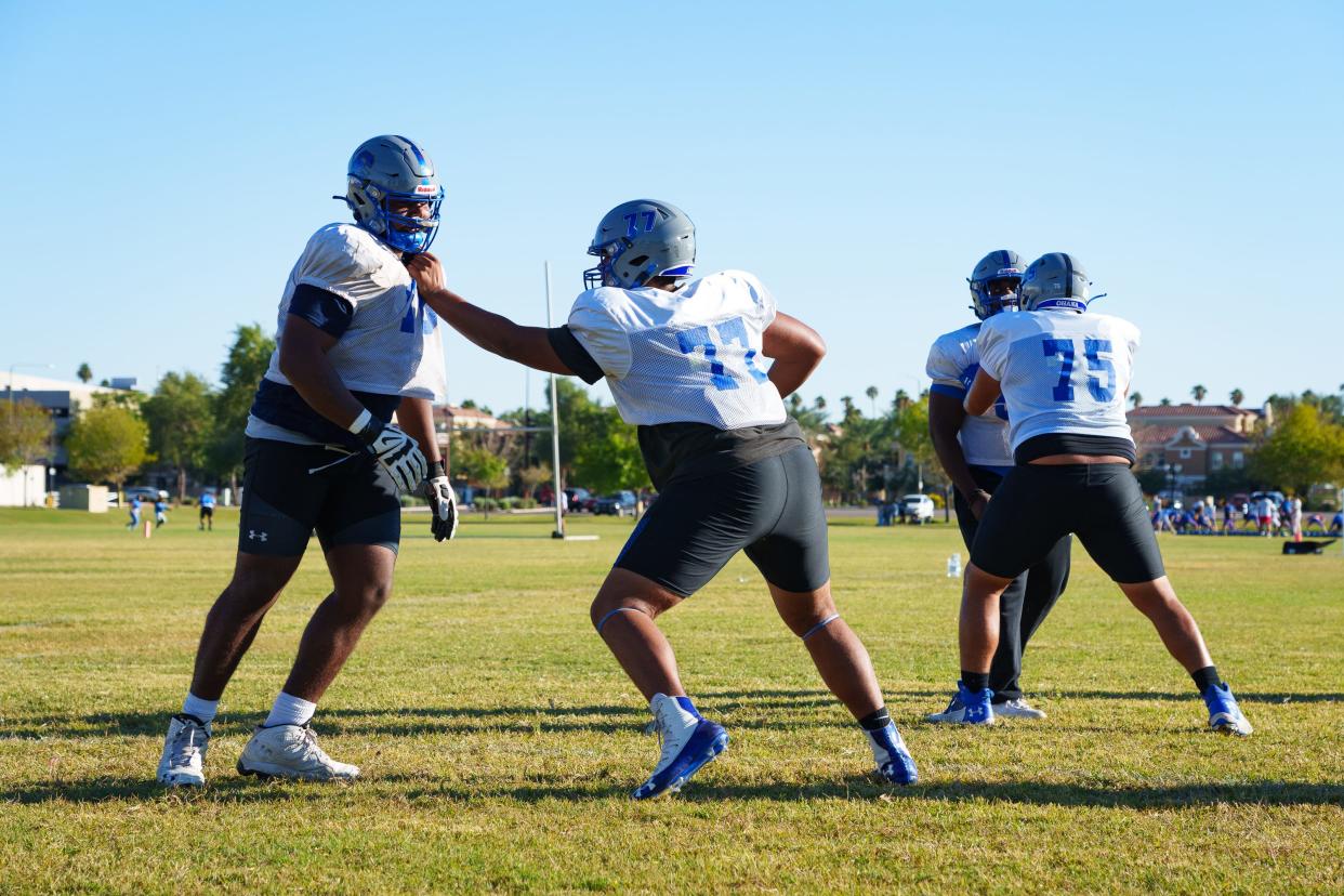 Offensive lineman, Zarius Wells (75) practices with the Wolves at Chandler High School on Oct. 24, 2022, in Chandler, AZ.